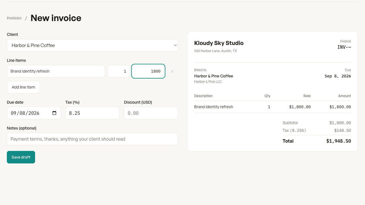 The invoice builder with the live preview beside it