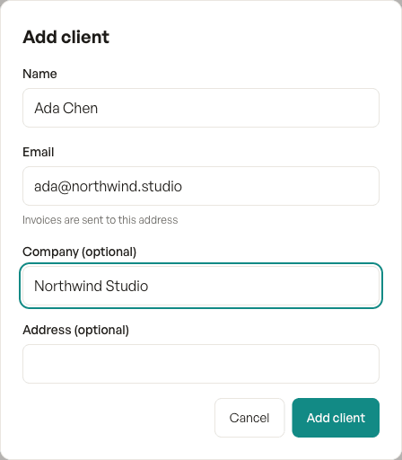 Adding a client: name, email, company